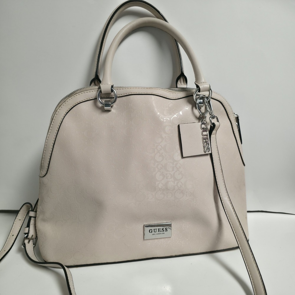 GUESS Light Pink Faux Leather Satchel Handbag Crossbody Bag Logo Plate Charm